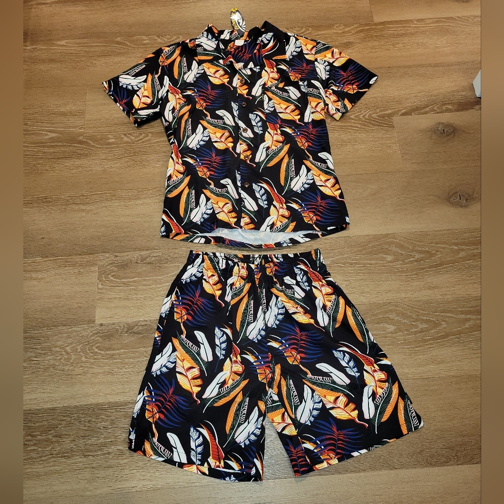 Palmwave Hawaii Casual Hawaiian Flower Aloha Shirt Beach Shorts Set Size Small
